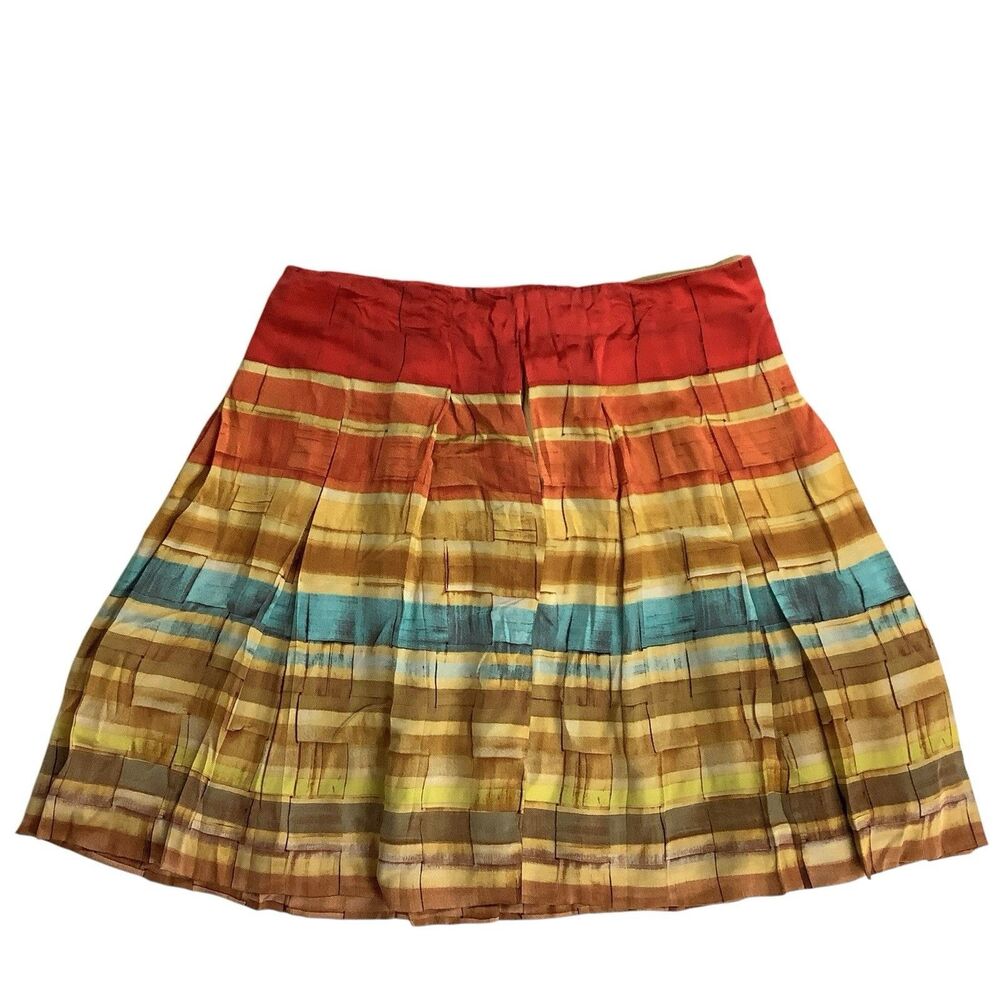 Etcetera Pleated Striped Rainbow Silk Skirt Women's 8 Boho Festival Hippie Artsy